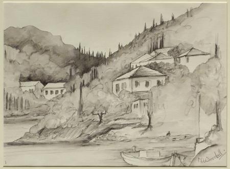Pen and wash drawing of Kioni, Ithaca